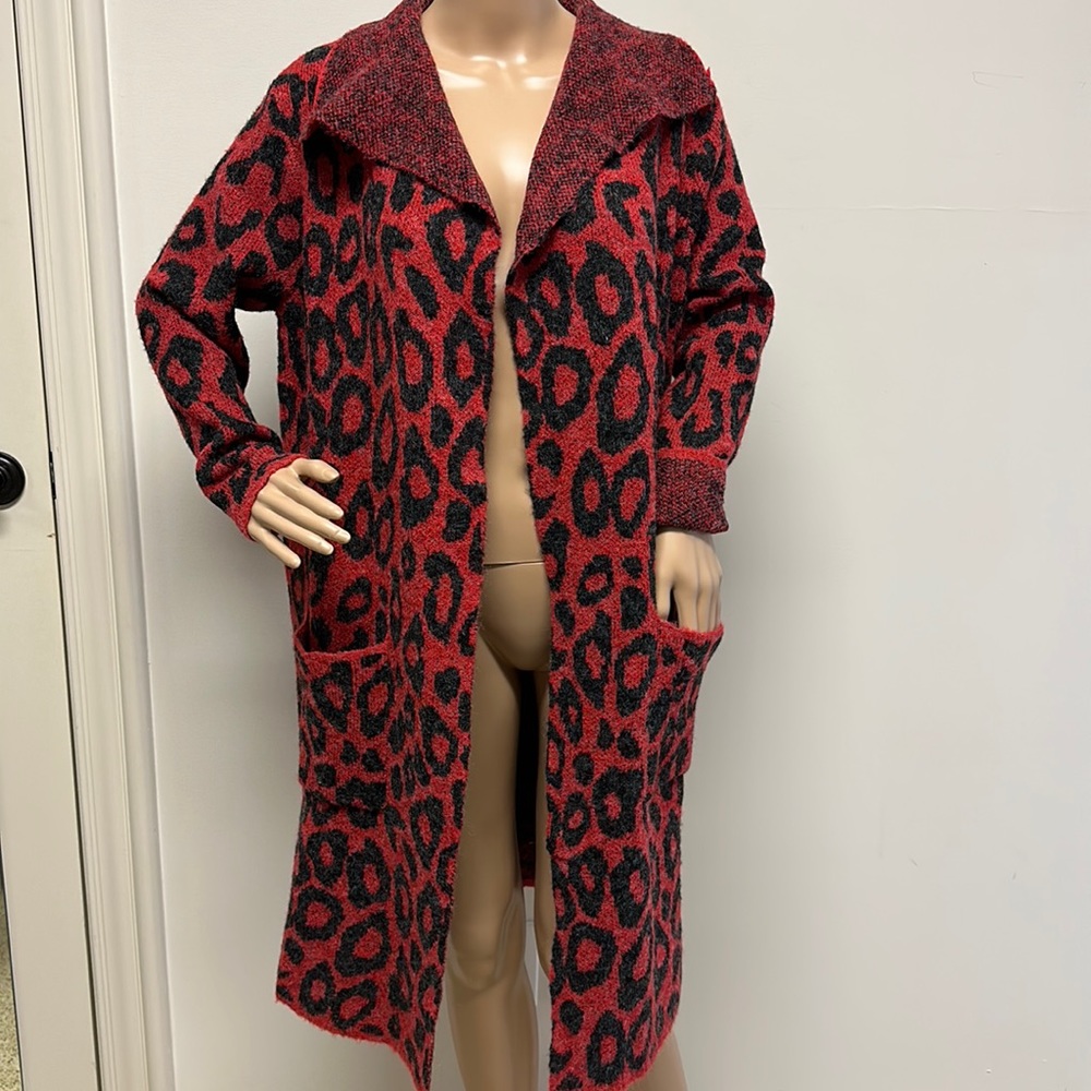 NWOT Joseph A. Red & Black Leopard Print Long Open Duster Cardigan Sweater Sz S